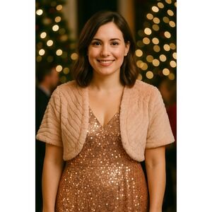 Pink Blush Fairy Party Holiday Soft Formal Event Faux Fur Sequin Bolero XL Shrug